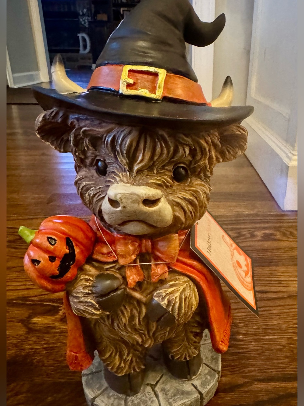 Halloween Highland Cow Figurine in Black and Orange Witch Costume